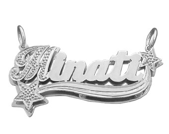 Sterling Silver Personalized 3D Double Plate Name Pendant Necklace Diamond Accent Star Charm Jewelry SD43