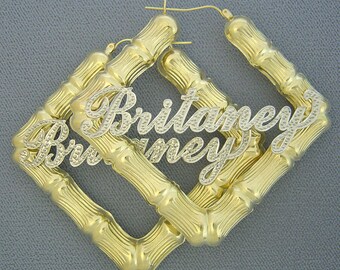 Personalized 10k Square Door Knocker Iced Out Name Bamboo Earring 2.75 Inches Wide 2 Tone Fine Jewelry