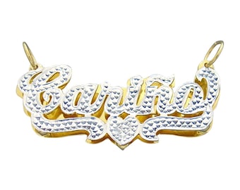 10K or 14K Solid Gold Double Plates Personalized Diamond Accent Name Pendant Heart Charm Jewelry