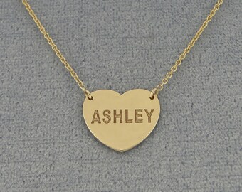 10k or 14k Solid White or Yellow Gold Tiny heart Disc Charm Pendant Necklace Deep Laser Engraved Any Name GC22C