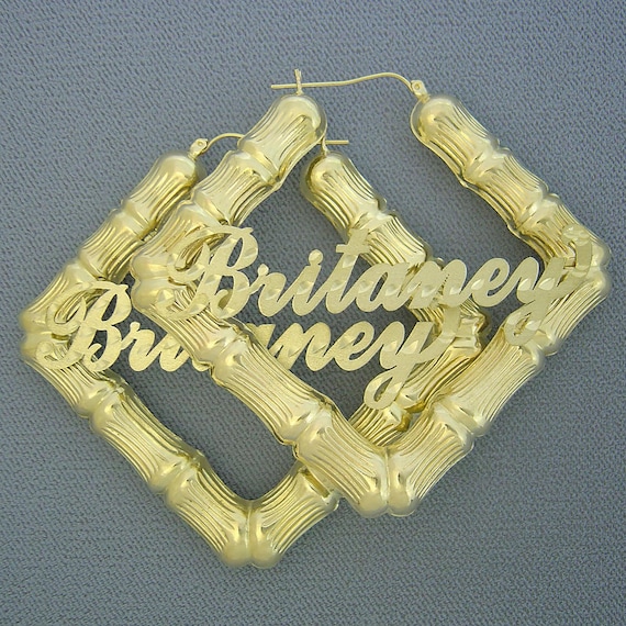 Large 10k Real Gold Square Personalized Diamond Cut Name Bamboo