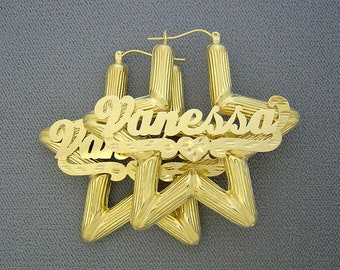 10K Gold Star Bamboo Personalized Name Earrings 2.1 Inch Diamond Cut Nameplate Hoops
