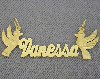 10K or 14K Yellow or White Solid Gold Personalized Name Necklace 2 Birds Laser Cut NN53