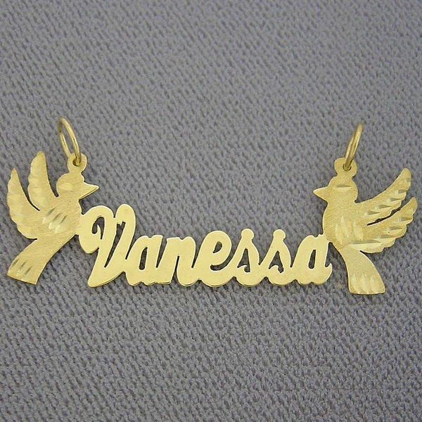 10K or 14K Yellow or White Solid Gold Personalized Name Necklace 2 Birds Laser Cut NN53