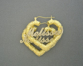 10K Yellow Gold Hand Carved Iced out Nameplate Thin Heart Bamboo Name Earrings 1 5/8 Inch GB43ND