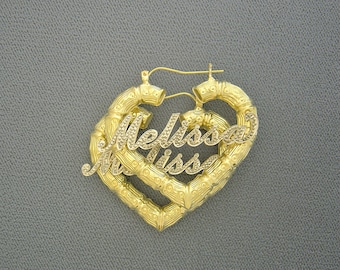 10K Yellow Gold Hand Carved Iced out Nameplate Thin Heart Bamboo Name Earrings 1 5/8 Inch GB43ND