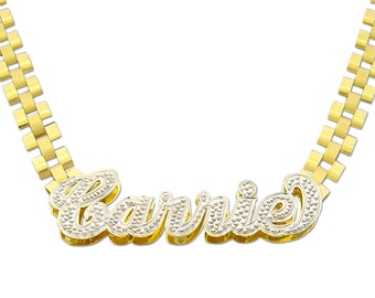 10K Gold Personalized Iced Out Name 6mm Watch Band Style Chain Diamond Accent 3D Double Plates RCN06C