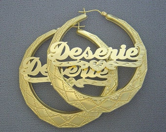 10k Real Gold Round Door knocker Personalized Shiny Name Earrings 2.25 Inches Diamond Cut Heart