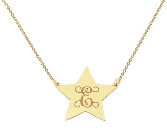10k or 14k Solid White or Yellow Gold Tiny Star Disc Charm Pendant Necklace Deep Laser Engraved Monogram Initial GC25C