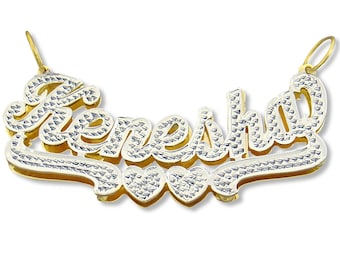 Large Personalized 10K or 14K Gold 3D Double Name Pendant Custom 2 Inches Diamond Accent Charm with Figaro Chain