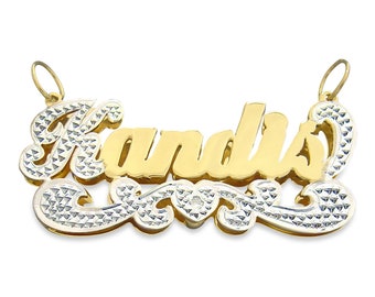Personalized 10K or 14K Real Gold 3D Double Plates Name Pendant Charm Heart Underneath 2 Tone Fine Jewelry ND16