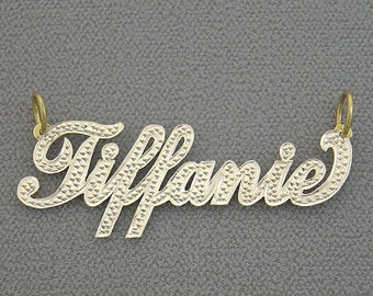 10K or 14K Yellow or White Solid Gold 2 Tone Personalized Cursive Name Pendant Diamond Accent NT03