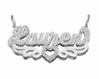 Sterling Silver Personalized 3D Double Plate Diamond Accent Name Pendant Angel's Wings with Heart SD20