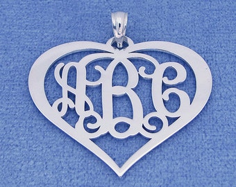 Sterling Silver 3 Initials Heart Monogram Pendant Necklace Fine Jewelry 1.25" Wide SM57