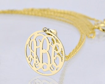 Extra Small 10kt or 14kt Solid Gold 3 Initials Tiny Circle Monogram Pendant Necklace 1/2 Inch GM39