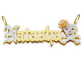 10K or 14K Gold 3D Old English Name Skull Cross Bone Charm Pendant Charm Fine Jewelry