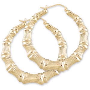 10k or 14k Real Gold Round Hollow Bamboo hoop Earrings 2.2 Inches Doorknockers Fine Jewelry