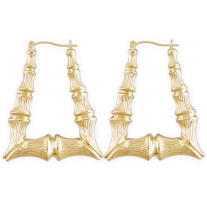 10K Real Gold Rectangle Doorknocker Bamboo Hoop Hollow Earrings 1.5 Inch