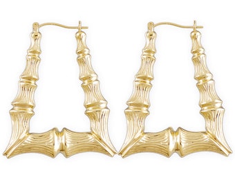 10K Real Gold Rectangle Bamboo Hoop Earrings, Puffed Door Knocker Hoops 1.5 Inch