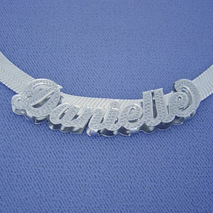 Silver 3D Personalized Diamond Accent Cursive Font Name Pendant Charm Necklace Slider 7 mm Herringbone Chain image 1