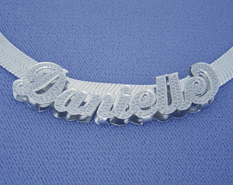 Silver 3D Personalized Diamond Accent Cursive Font Name Pendant Charm Necklace Slider 7 mm Herringbone Chain