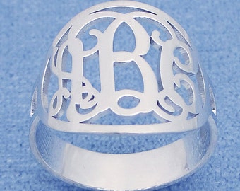 Personalized Rhodium Plated over Sterling Silver 3 Initial Oval Circle Monogram Ring SR34