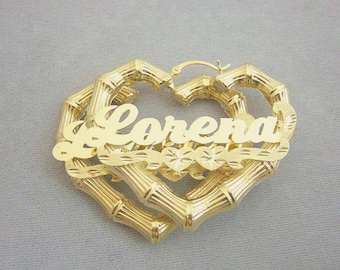 10k or 14k Gold Personalized Shiny Name Heart Shape Bamboo Earrings 2 Inches Wide Diamond Cut Hearts.