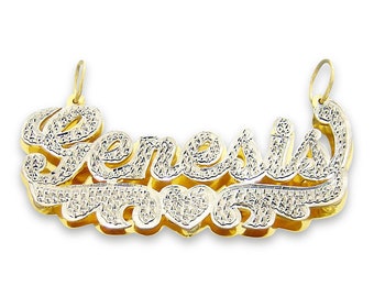 Personalized 10k or 14k Gold 3D Nameplate Pendant Diamond Accent Angel's Wings Heart Charm