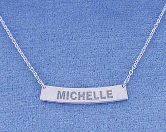1 Inch Wide Sterling Silver Deep Laser Engraved Personalized Name Curved Horizontal Bar Pendant Necklace SC17