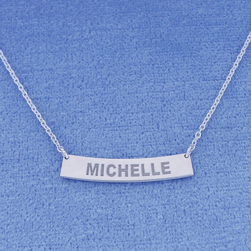 1 Inch Wide Sterling Silver Deep Laser Engraved Personalized Heart Name Horizontal Bar Pendant Necklace SC15