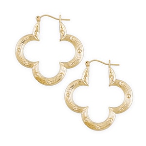10K Real Yellow Gold Flower Shape Bamboo Hoop Hollow Earrings 1.5 Inches Wide