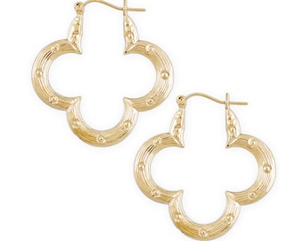 10K Real Yellow Gold Flower Shape Bamboo Hoop Hollow Earrings 1.5 Inches Wide