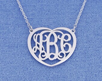 Sterling Silver Personalized 3 Initials heart Monogram Necklace Fine Jewelry 3/4" Wide SM51C