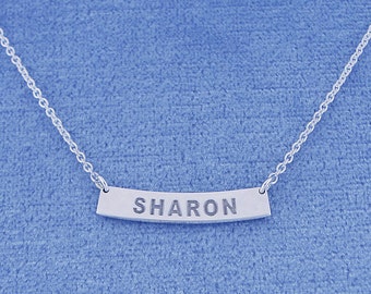 Small Tiny Sterling Silver Deep Laser Engraved Personalized Name Curve Bar Necklace 7/8 Inch Wide SC16