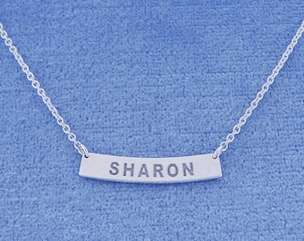 Small Tiny Sterling Silver Deep Laser Engraved Personalized Name Curve Bar Necklace 7/8 Inch Wide SC16