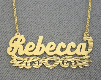 10K or 14K Yellow or White Solid Gold Personalized Name Necklace Heart Underneath Diamond Cut NN48