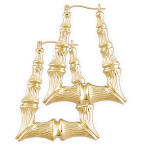 Real 10K Gold Rectangular Shape Bamboo Hoop Hollow Earrings 1.75 Inch