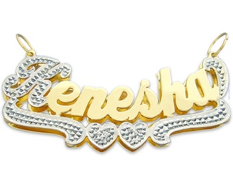 Large Personalized 10K or 14K Gold 3D Double Plates 2 Inches Name Pendant Custom Made Charm 2 Tone Fine Jewelry