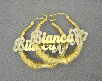 10K or 14K Two Tone Gold Personalized Diamond Accent Butterfly Name Hollow Round Bamboo Earrings 1 3/8 Inch GB12NB