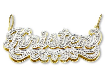 Personalized 10K or 14K Solid Gold 3D Double Plate Pendant Iced Out Name Charm Fine Jewelry