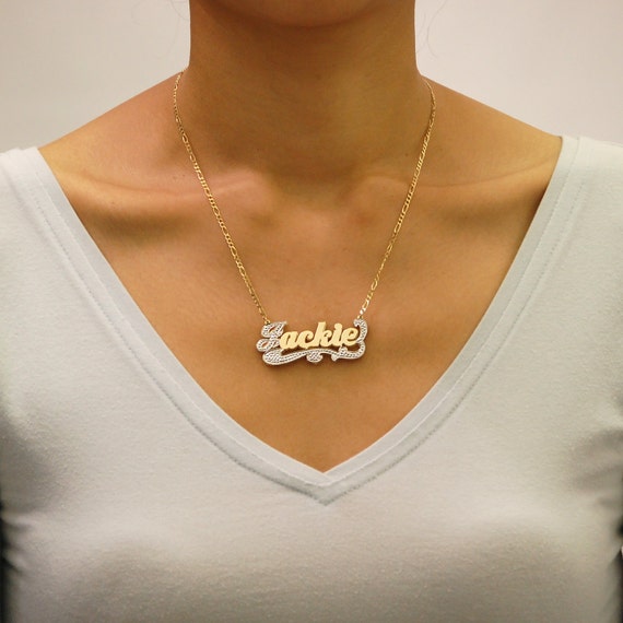 Personalized 10K or 14K Gold 3D Double Plates Name Pendant Custom Made Charm 2 Tone Fine Jewelry