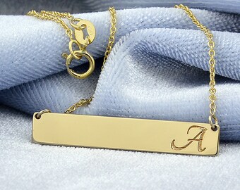 1.25 inch Horizontal Bar Necklace Solid Gold Personalized Pendant Deep Laser Engrave GC33C