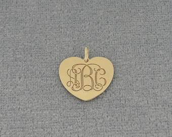 10K or 14K Solid White or Yellow Gold 1/2 Inch Tiny Heart Disc Charm Pendant Necklace Deep Laser Engraved 3 Initial Monogram GC21
