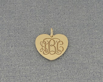 10K or 14K Solid White or Yellow Gold 1/2 Inch Tiny Heart Disc Charm Pendant Necklace Deep Laser Engraved 3 Initial Monogram GC21