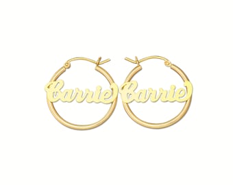 14K Yellow Gold Small Sturdy 2 MM Round Tube Hoop Personalized Name Earrings 1 Inch