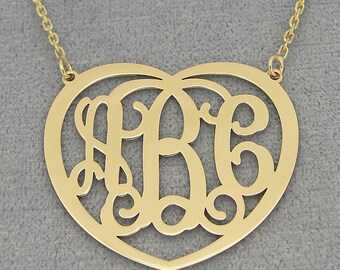 10kt or 14kt Solid Gold 3 Initials Heart Monogram Necklace 1.25" Inch Fine Personalized Jewelry GM53C