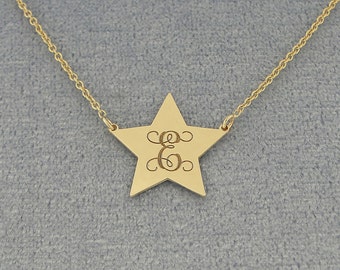 10k or 14k Solid White or Yellow Gold Tiny Star Disc Charm Pendant Necklace Deep Laser Engraved Monogram Initial GC25C