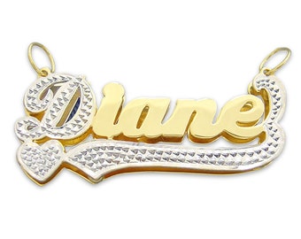 10K or 14K Gold Personalized 3D Double Plates Name Pendant Charm Heart Underneath Two Tone Fine Jewelry