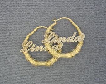 10K or 14K Two Tone Gold Personalized Diamond Accent Name Hollow Round Bamboo Earrings 1.3 Inch