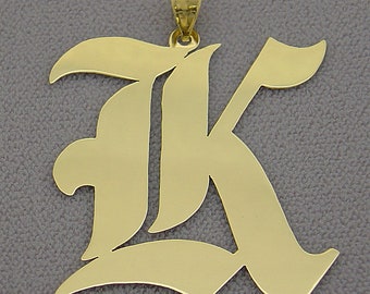 Large Size Solid 10k Gold Old English Font Initial Pendant 1.75 Inches Tall Shiny Hand Polished Charm Jewelry